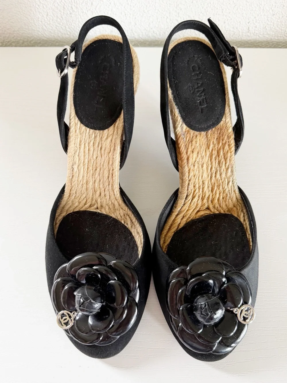 Chanel Camellia Espadrille Wedge Sandals 2006 Cruise Black Suede EU 40